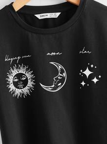 SHEIN Girls Letter & Sun Print Tee - Black - View 3