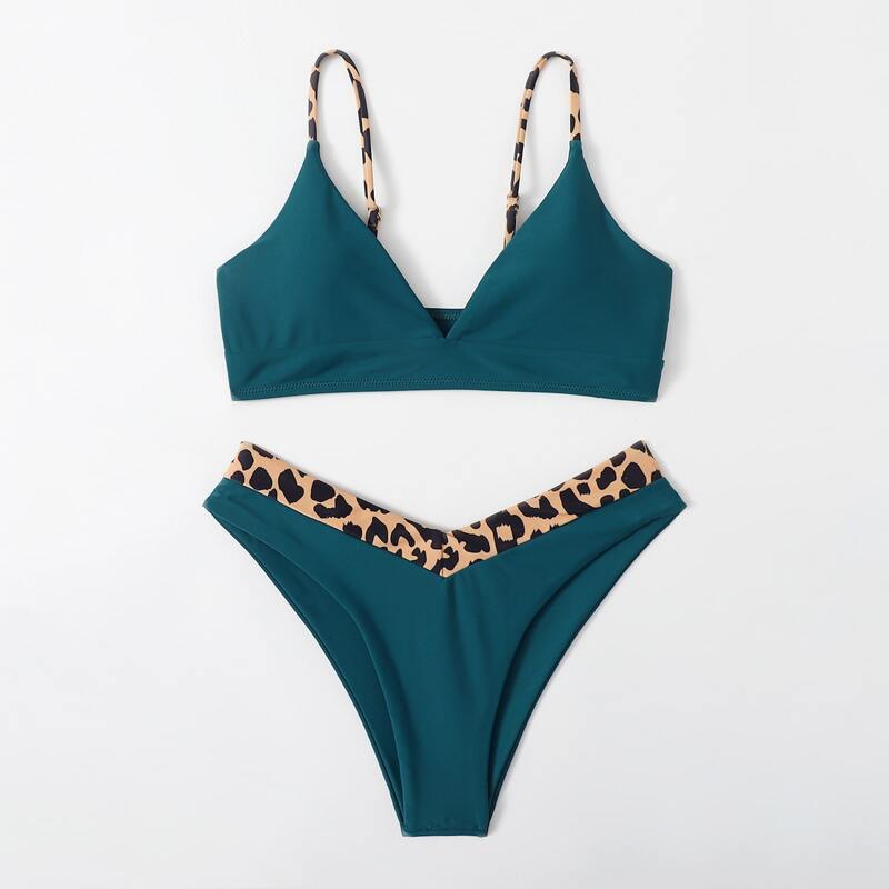 

Contrast Leopard High Cut Bikini Swimsuit, Teal blue