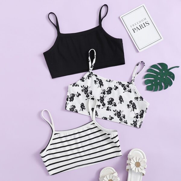 

Girls 3 Pack Floral & Striped Print Cami Top, Black and white