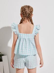 SHEIN 女孩荷葉邊格紋背心上衣和短褲套裝 - 彩色 - 查看 2