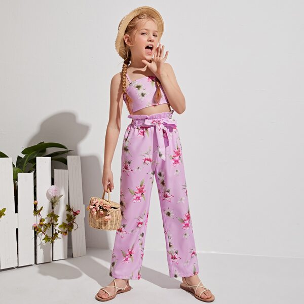 

Girls Floral Print Cami Top & Paperbag Waist Self Belted Pants Set, Pink