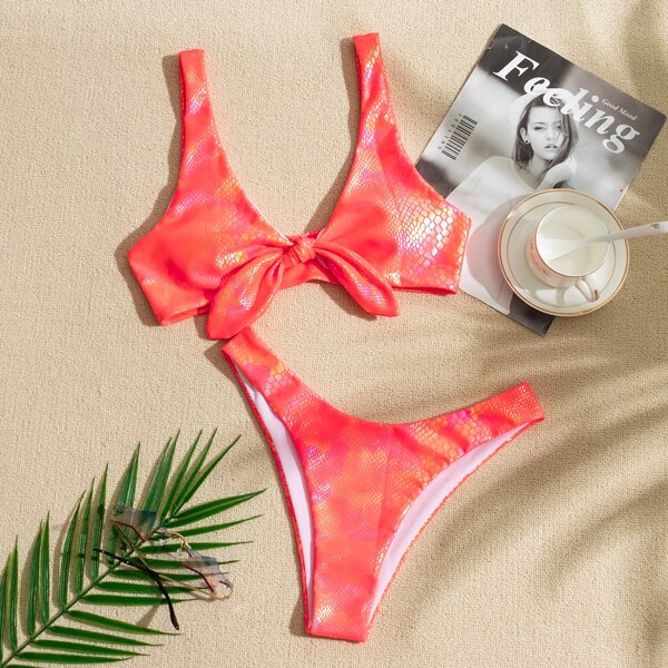 

Snakeskin Knot Front Bikini Swimsuit, Red