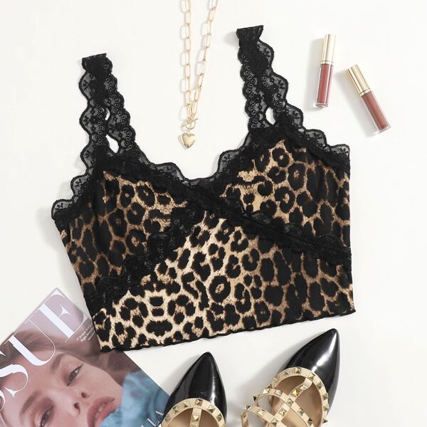 

Lace Trim Leopard Cami Top, Multicolor