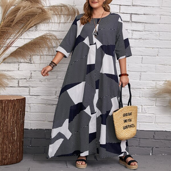 

Plus Striped And Color Block Tunic Dress, Multicolor