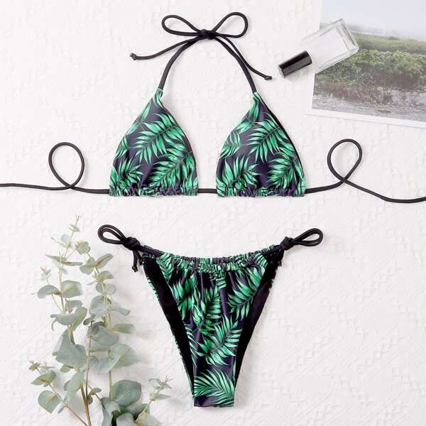 

Random Leaf Print Tie Side Bikini Swimsuit, Green