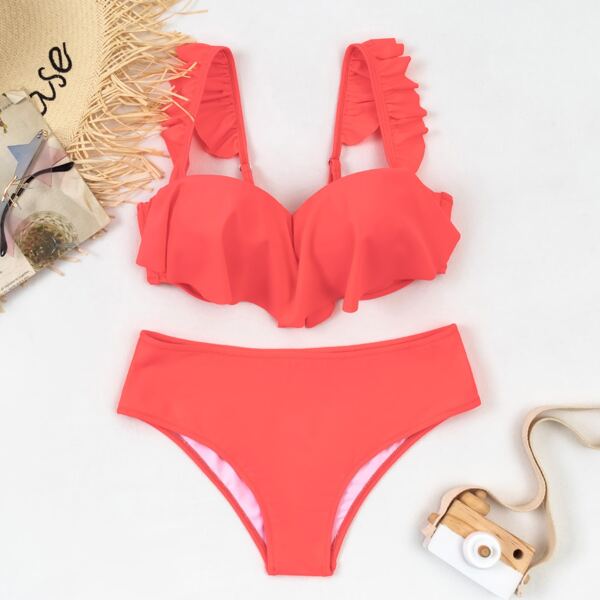 

Ruffle Trim Underwire Bikini Swimsuit, Watermelon pink