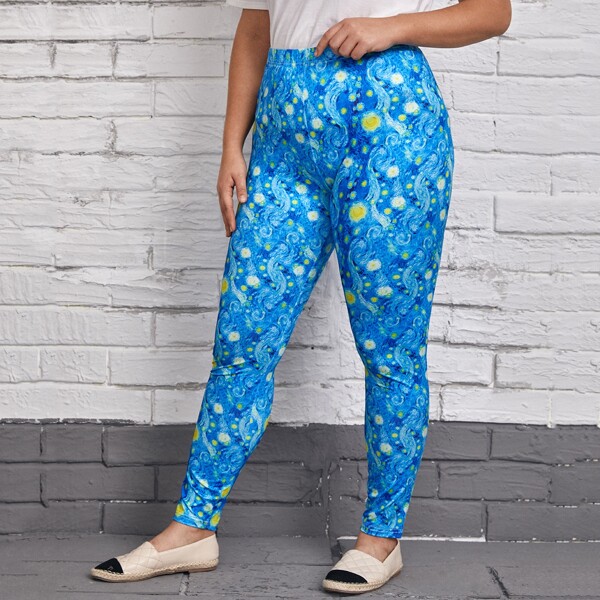 

Plus Galaxy Oil Painting Elastic Waist Leggings, Blue