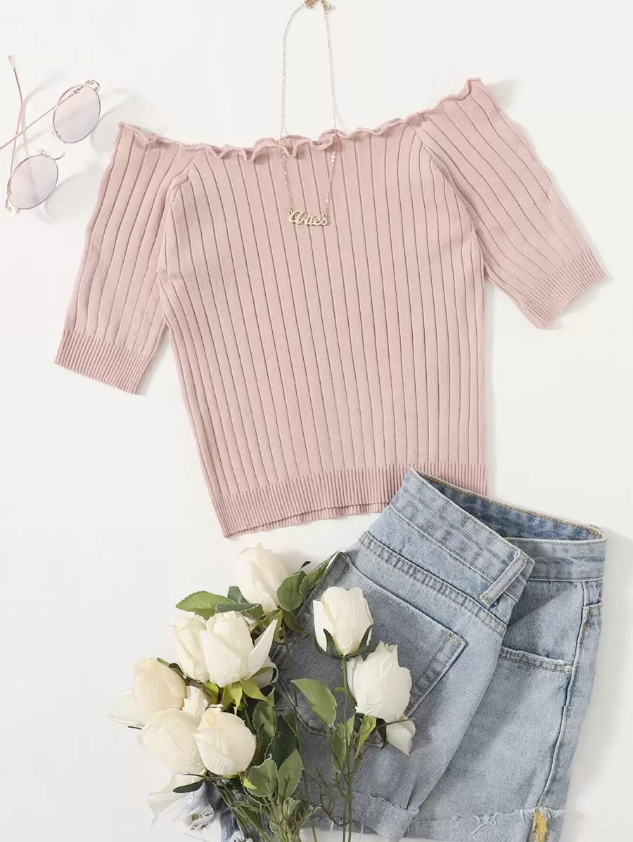 Top tejido de canalé ribete en forma de lechuga unicolor - Rosa vieja - Ver 1