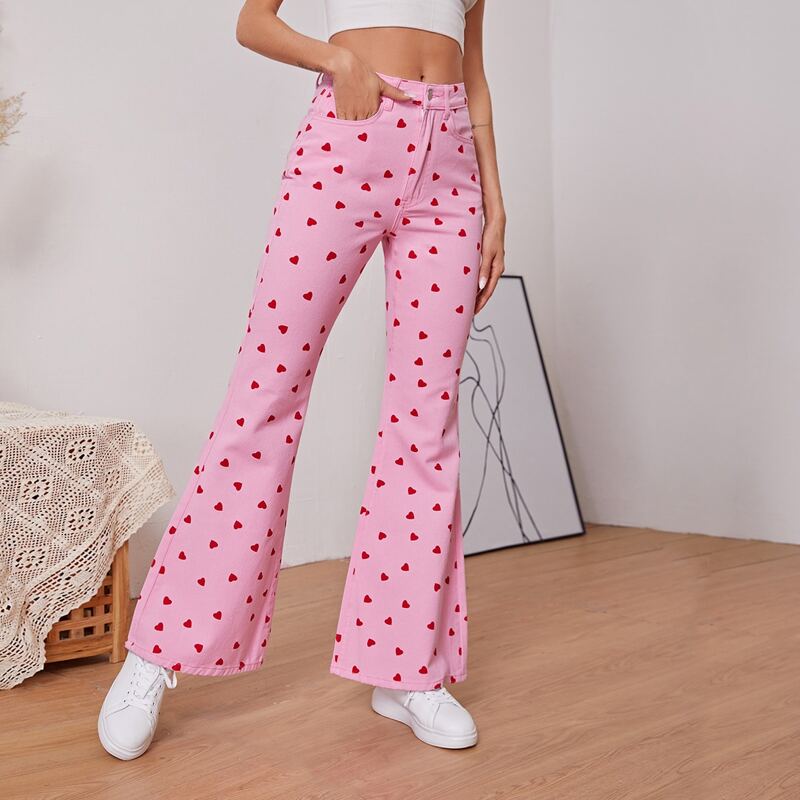 

Heart Allover Print High Waist Flare Leg Jeans, Baby pink