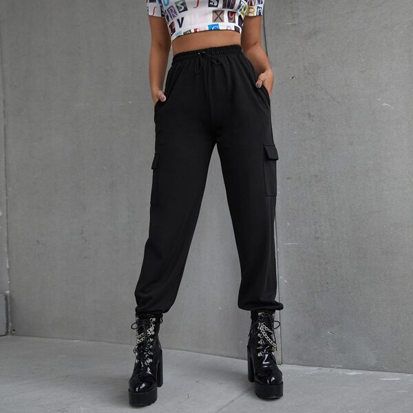 

Solid Flap Pocket Drawstring Sweatpants, Black