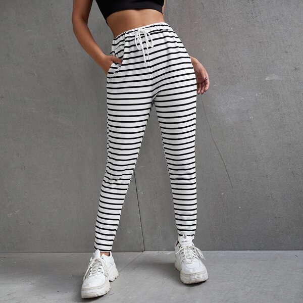 

Striped Drawstring Tapered Sweatpants, White