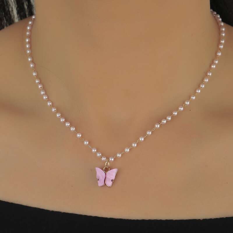 

Butterfly Pendant Faux Pearl Beaded Necklace, Pink