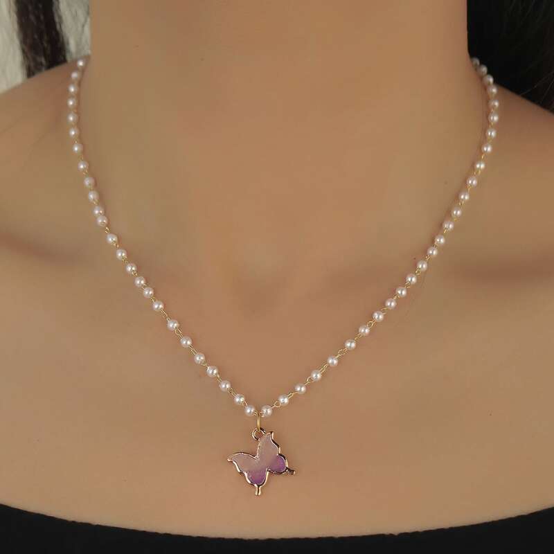 

Butterfly Pendant Faux Pearl Beaded Necklace, White
