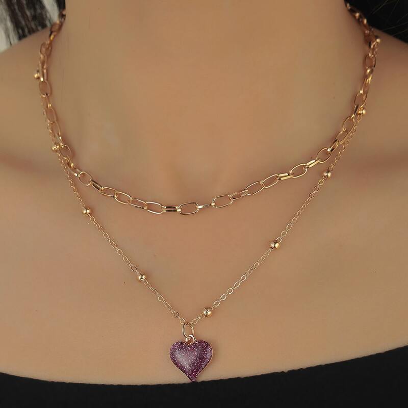 

Heart Pendant Layered Chain Necklace, Gold
