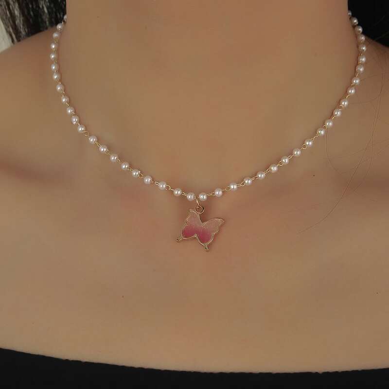 

Butterfly Pendant Faux Pearl Beaded Necklace, White