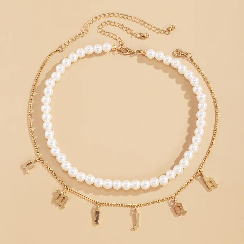 

Letter Faux Pearl Layered Necklace, Multicolor