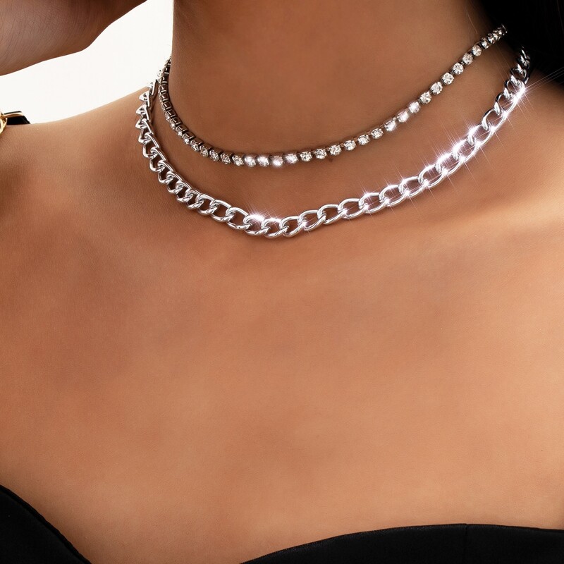 

2pcs Rhinestone Chain Choker, Silver
