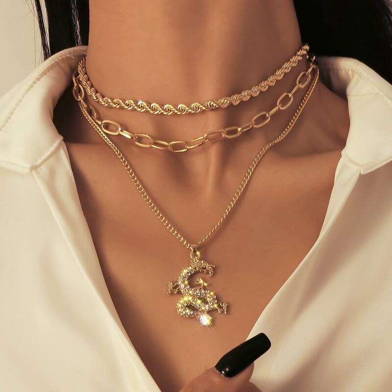 

3pcs Chinese Dragon Charm Necklace, Gold
