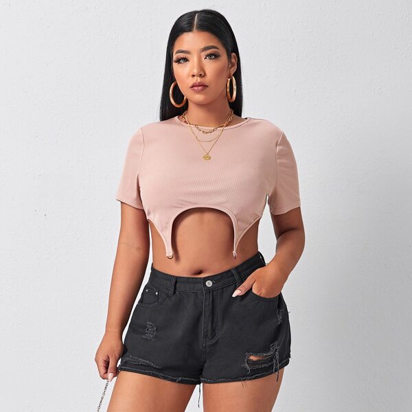 

Plus Asymmetrical Hem Crop Rib-knit Tee, Dusty pink