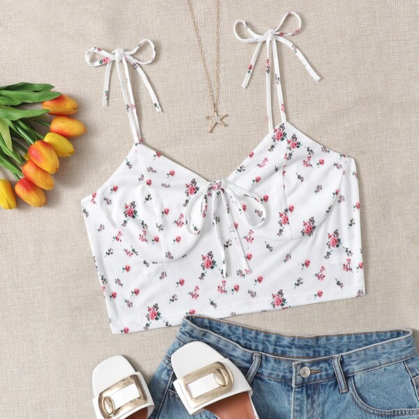 

Plus Knotted Floral Print Cami Top, White