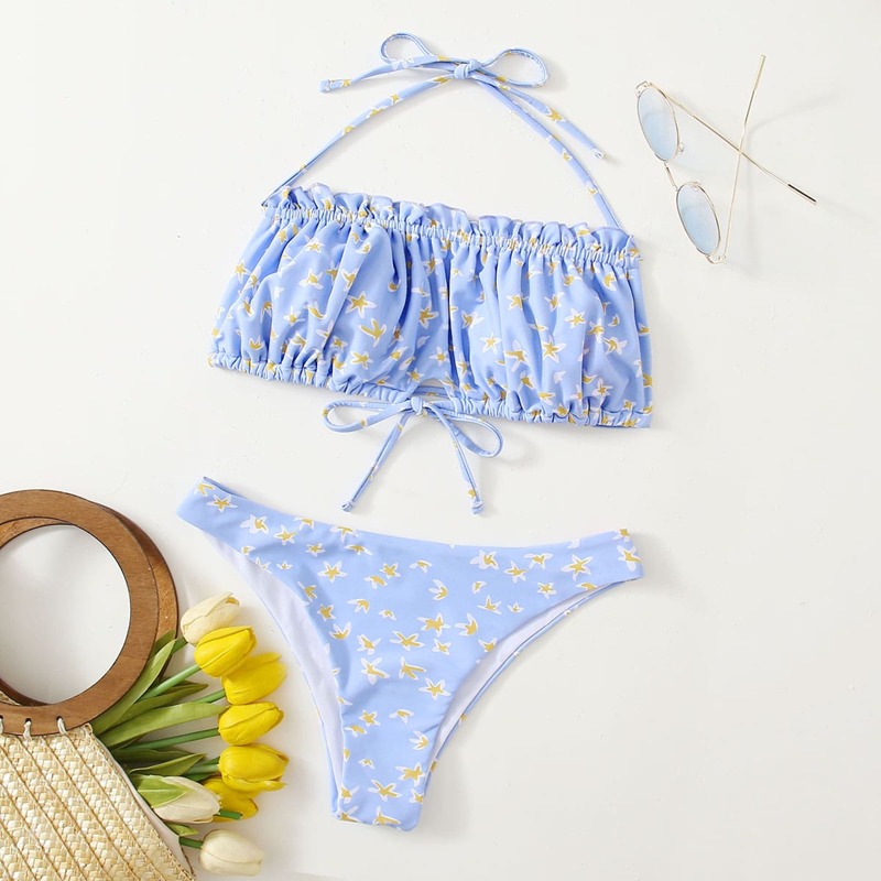 

Floral Print Halter Bikini Swimsuit, Baby blue