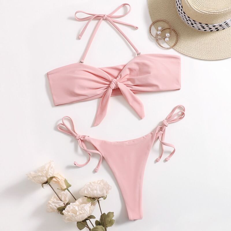

Plain Knot Front Bikini Swimsuit, Pink