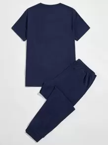 Manfinity 男士小鳥圖案上衣和褲子睡衣套裝 - 藏蓝色 - 查看 2