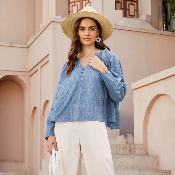 

Notched Neck Buttoned Front Striped Top, Blue