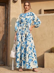 Mulvari Lantern Sleeve Self Belted Floral Modest Dress - Multicolor - View 1