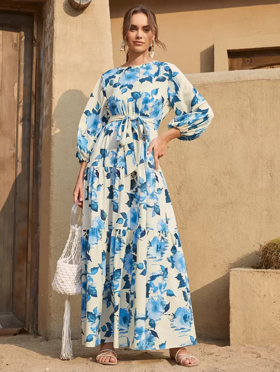 Mulvari Lantern Sleeve Self Belted Floral Modest Dress - Multicolor - View 1