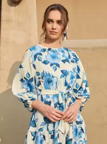 Mulvari Lantern Sleeve Self Belted Floral Modest Dress - Multicolor - View 3