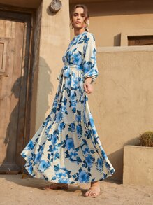 Mulvari Lantern Sleeve Self Belted Floral Modest Dress - Multicolor - View 5