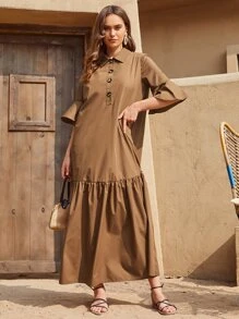 SHEIN فستان بكفة مكشكش بنصف ازرار وبياقة - بني - مشاهدة 1