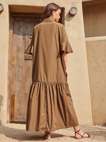 SHEIN فستان بكفة مكشكش بنصف ازرار وبياقة - بني - مشاهدة 2