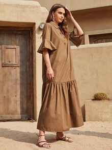SHEIN فستان بكفة مكشكش بنصف ازرار وبياقة - بني - مشاهدة 3