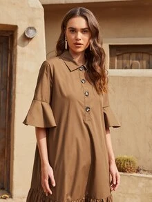 SHEIN فستان بكفة مكشكش بنصف ازرار وبياقة - بني - مشاهدة 4
