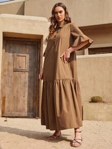 SHEIN فستان بكفة مكشكش بنصف ازرار وبياقة - بني - مشاهدة 5