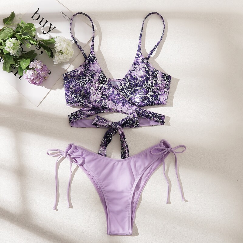 

Marble Pattern Drawstring Side Bikini Swimsuit, Purple