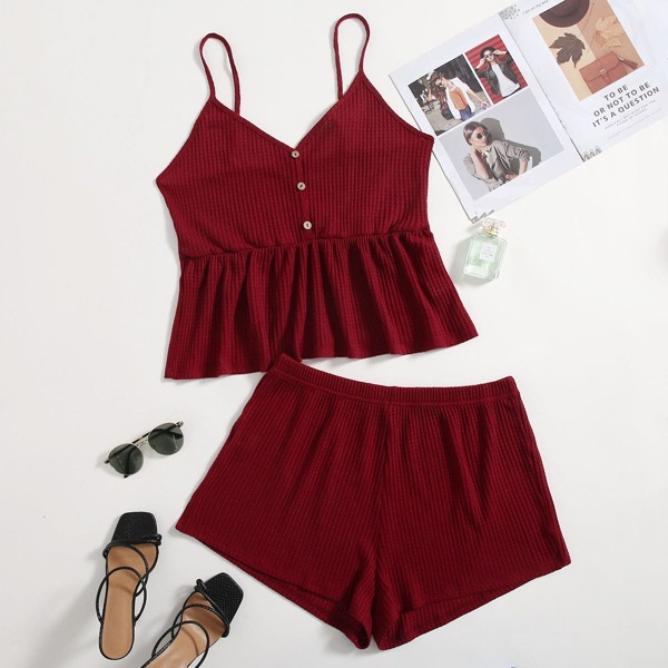 

Plus Waffle Knit Cami Top & Shorts Set, Burgundy