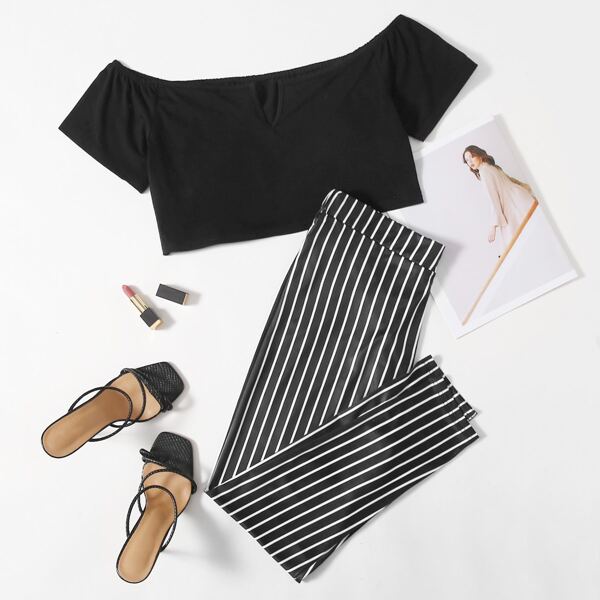 

Plus Off the Shoulder Top & Striped Pants Set, Black