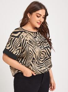 SHEIN Clasi 大碼後鎖孔蝙蝠袖斑馬紋條紋上衣 - 彩色 - 查看 1