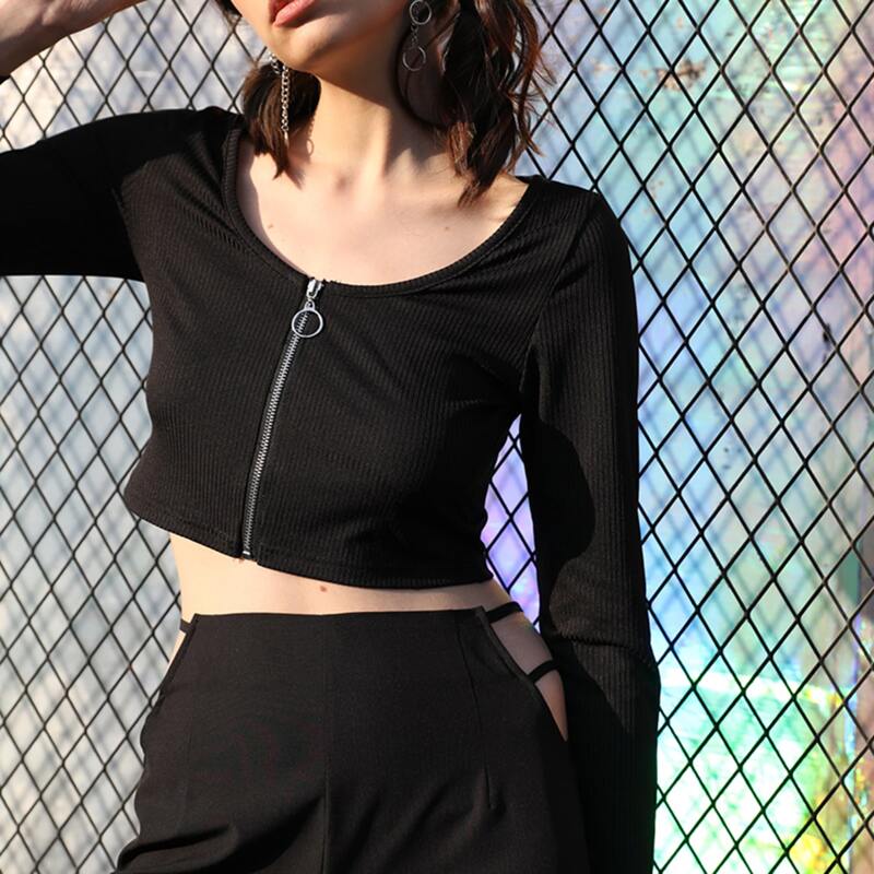 

Zip Up Ribbed Crop Top, Black