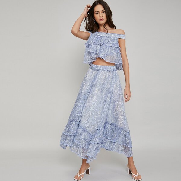

FLOWY RUFFLE HEM SKIRT, Blue