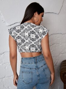 SHEIN Unity 佩斯利圖案繫帶短版上衣 - 黑與白 - 查看 2