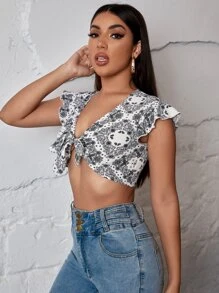 SHEIN Unity 佩斯利圖案繫帶短版上衣 - 黑與白 - 查看 4