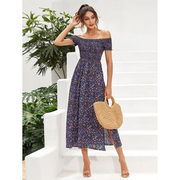 

Ditsy Floral Bardot Shirred Split Thigh Dress, Multicolor