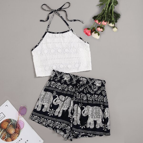 

Lace Halter Top & Elephant Print Shorts, Black and white