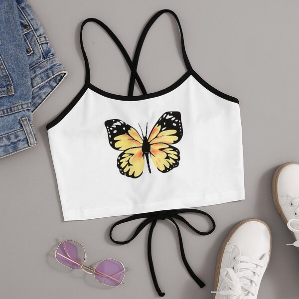 

Butterfly Print Lace Up Back Cami Top, White
