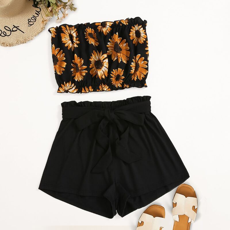 

Floral Print Tube Top & Paperbag Waist Shorts, Multicolor