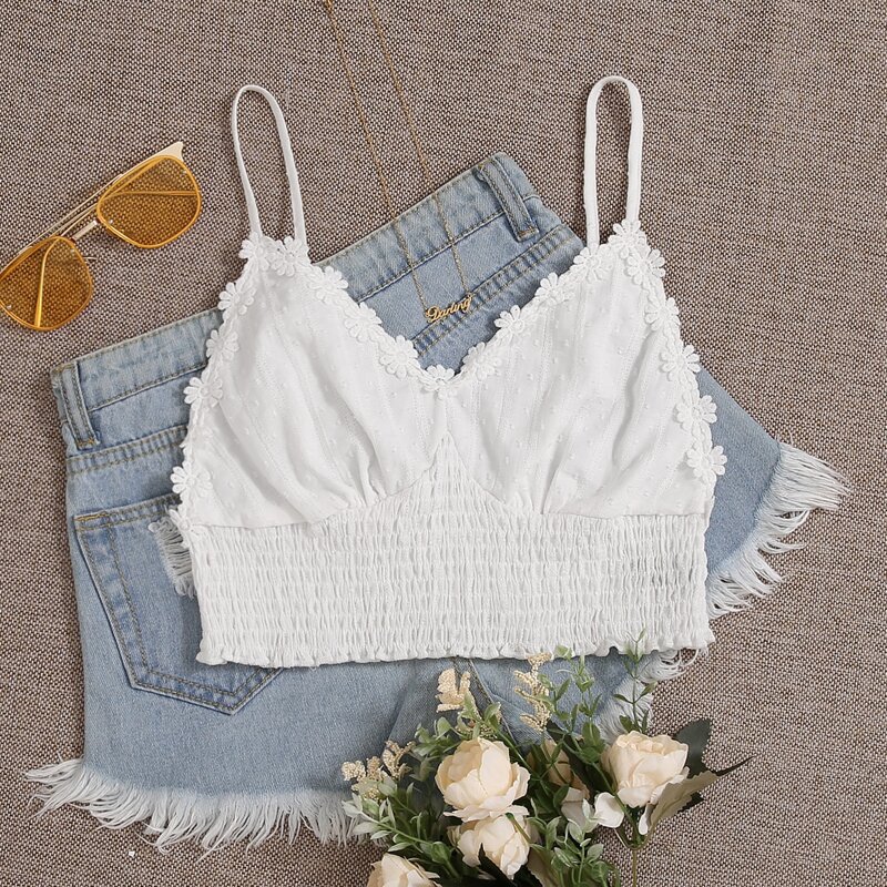 

Appliques Shirred Crop Cami Top, White